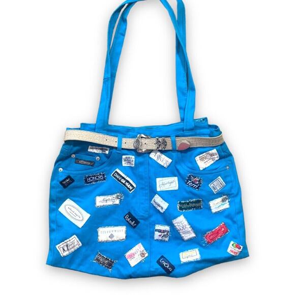 Upcycled Maxi Tote Bag Vintage Blue Jeans Logos Belt Detail OOAK Handmade Purse - Picture 7 of 15